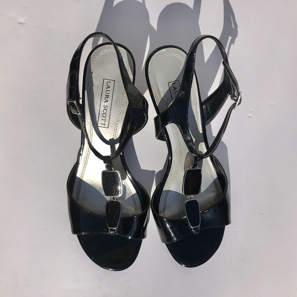 LAURA SCOTT MORGAN BLACK WOMENS SANDALS 8M MID HEEL HEIGHT